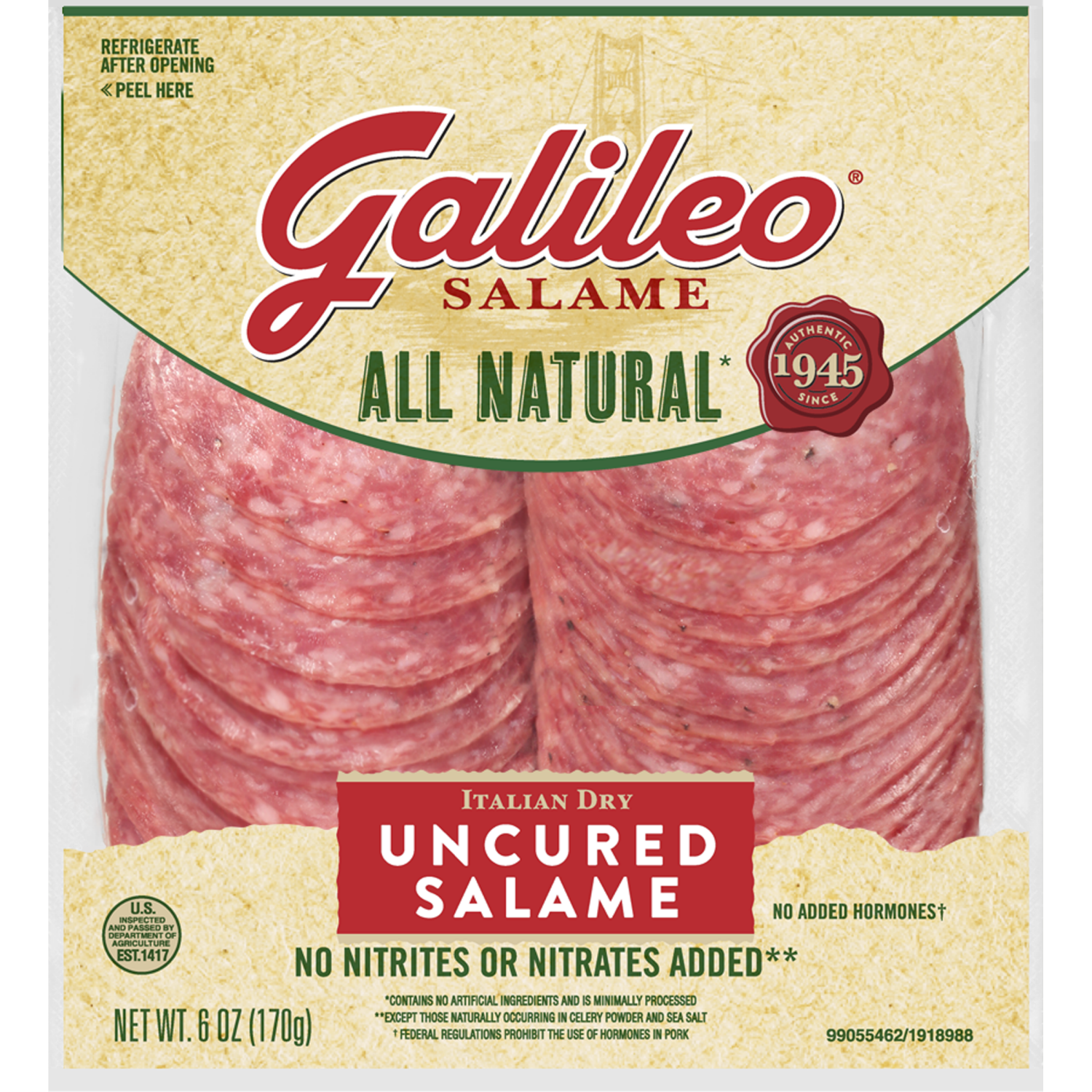 slide 1 of 3, Galileo Salame Deli Thin Sliced All Natural Uncured Salami, 6 oz., 6 oz