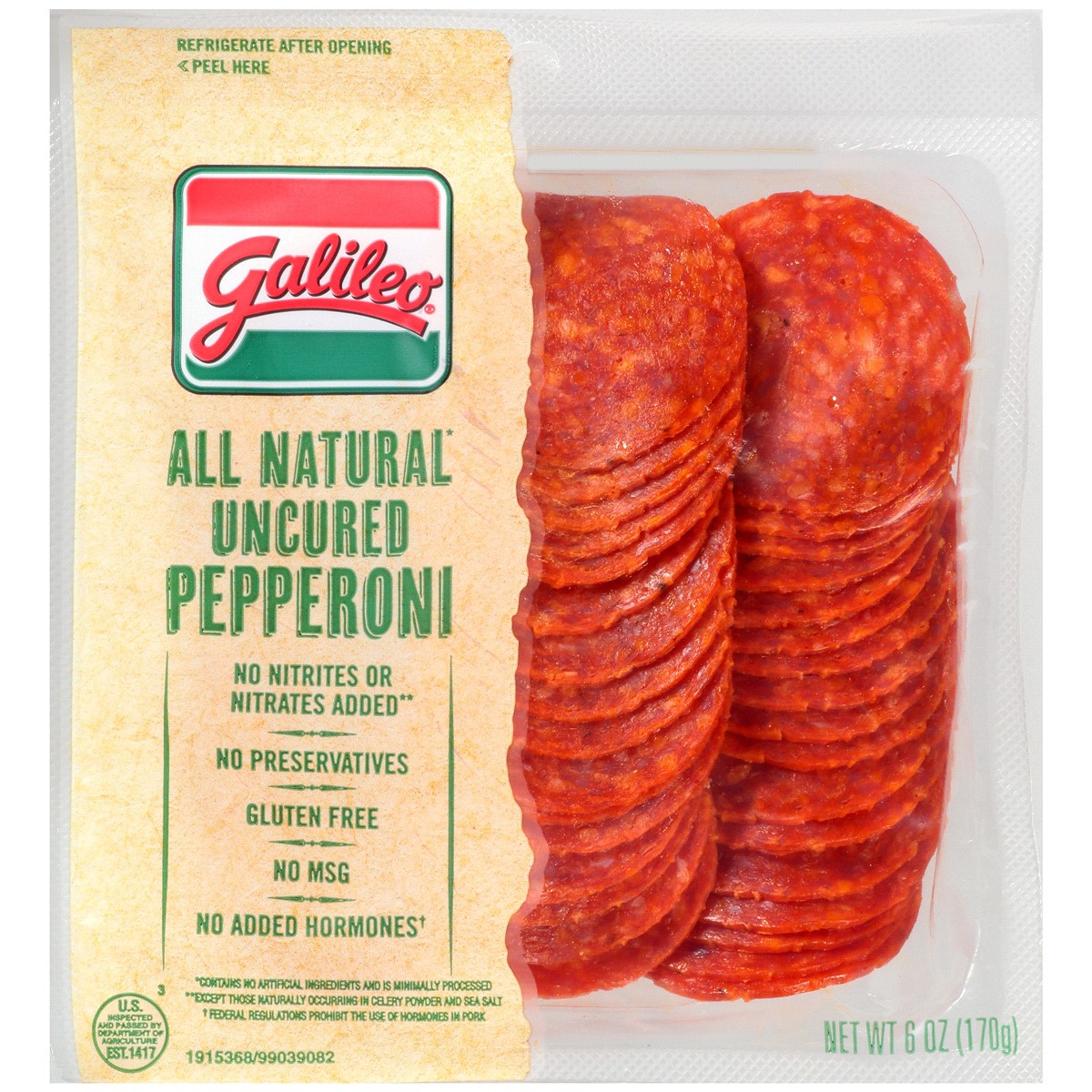 slide 1 of 1, Galileo All Natural Uncured Pepperoni, 6 oz