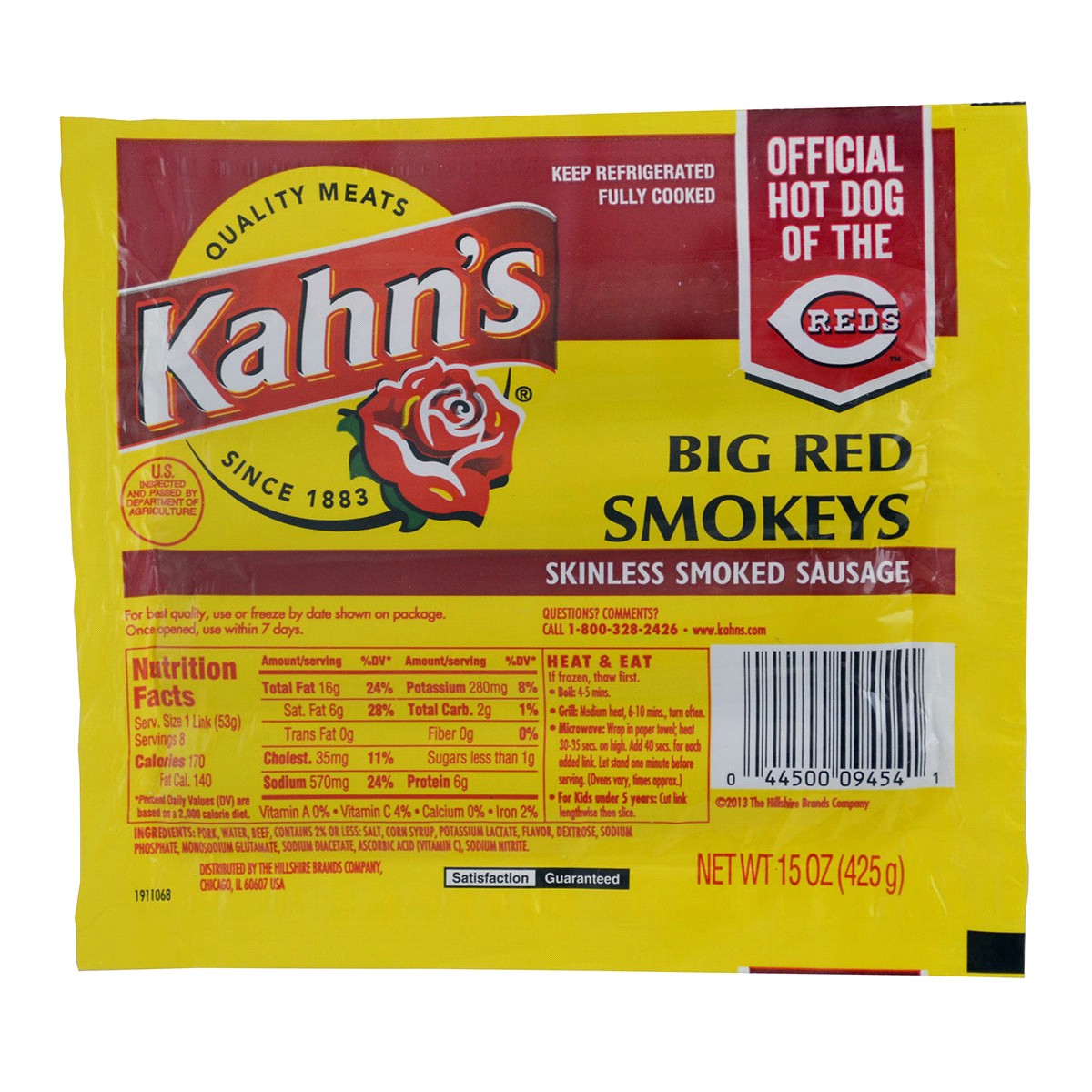 slide 1 of 1, KAHNS Kahn's Big Red Smokeys Skinless Smoked Sausage, 15 oz