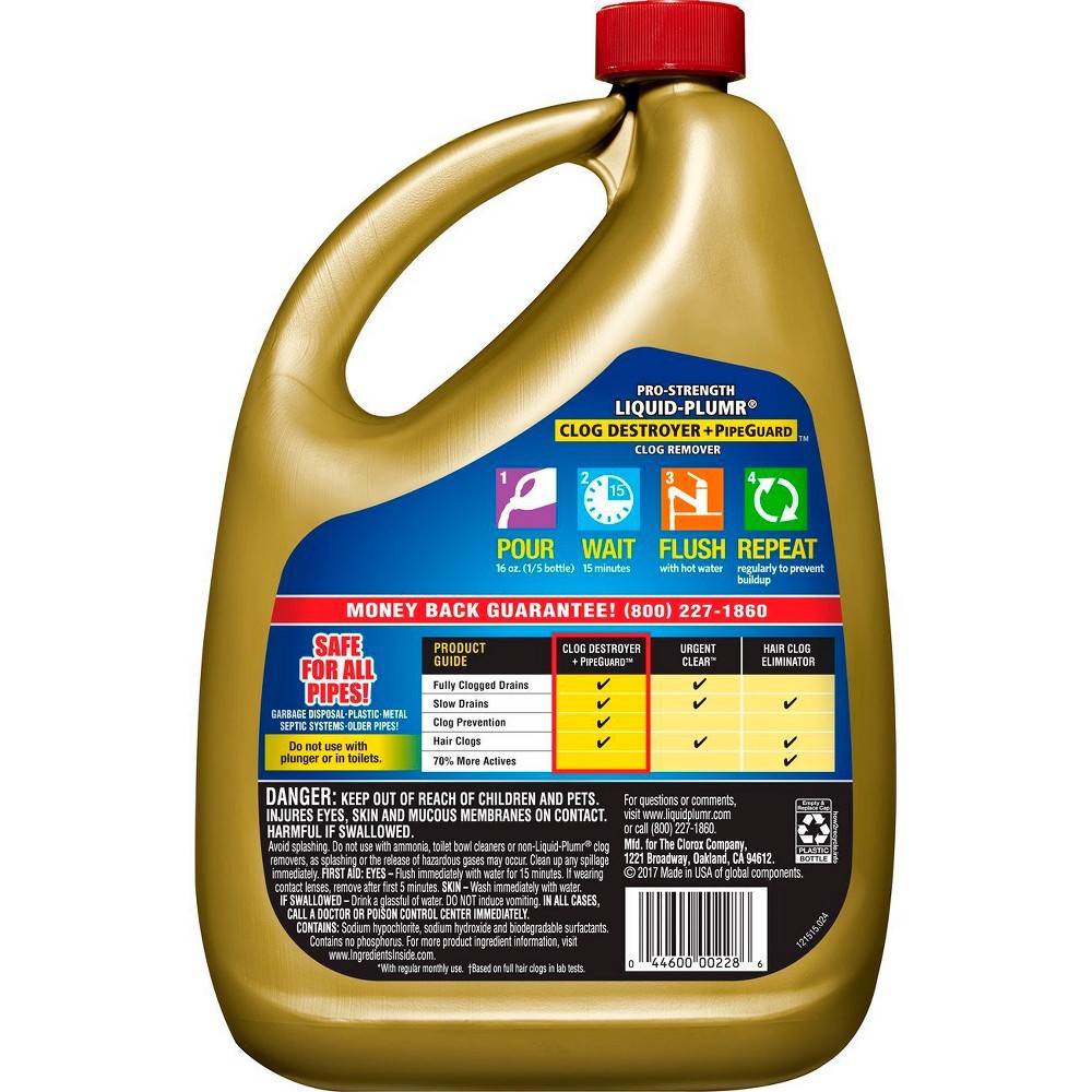 slide 4 of 4, Liquid-Plumr Pro-Strength Clog Destroyer Gel with PipeGuard Liquid Drain Cleaner, 2.5 qt
