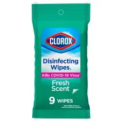 Clorox Disinfecting Wipes On The Go, Bleach Free Travel Wipes, Fresh Scent, 9 Count (Package May Vary) (01665)