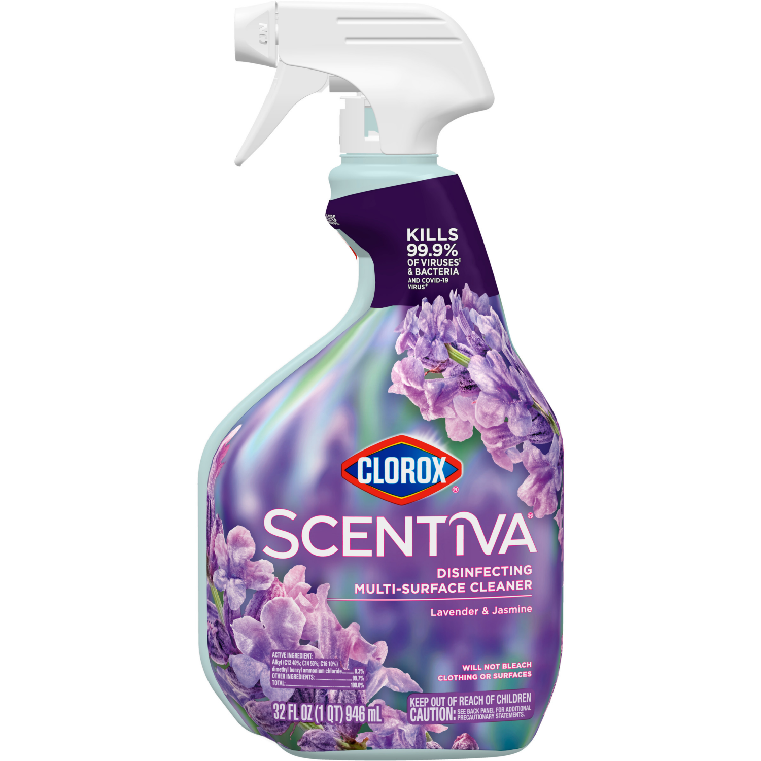 slide 6 of 8, Clorox Scentiva Disinfecting Multi-Surface Cleaner, Spray Bottle, Bleach Free, Lavender and Jasmine, 32 Fluid Ounces, 32 fl oz