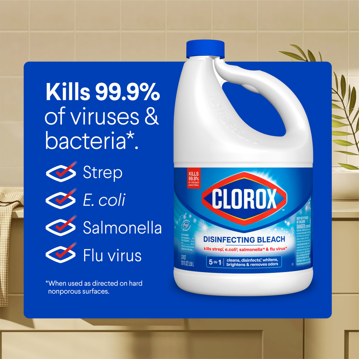 slide 8 of 8, Clorox Disinfecting Bleach, Regular(Concentrated Formula) - 121 Ounce Bottle, 3.78 qt