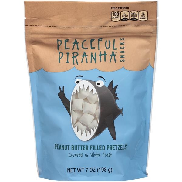 slide 1 of 1, Hy-Vee Peaceful Piranha Snacks Peanut Butter Filled Pretzels Covered In White Frost, 7 oz