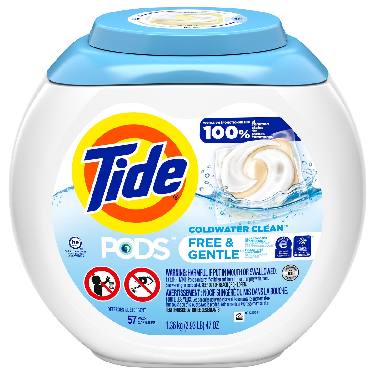 slide 4 of 9, Tide PODS and Gentle, Liquid Laundry Detergent Soap Pacs, HE Compatible, 57 Count, Free and Clear of Dyes and Perfumes, Hypoallergenic for Sensitive Skin, Unscented, 57 ct