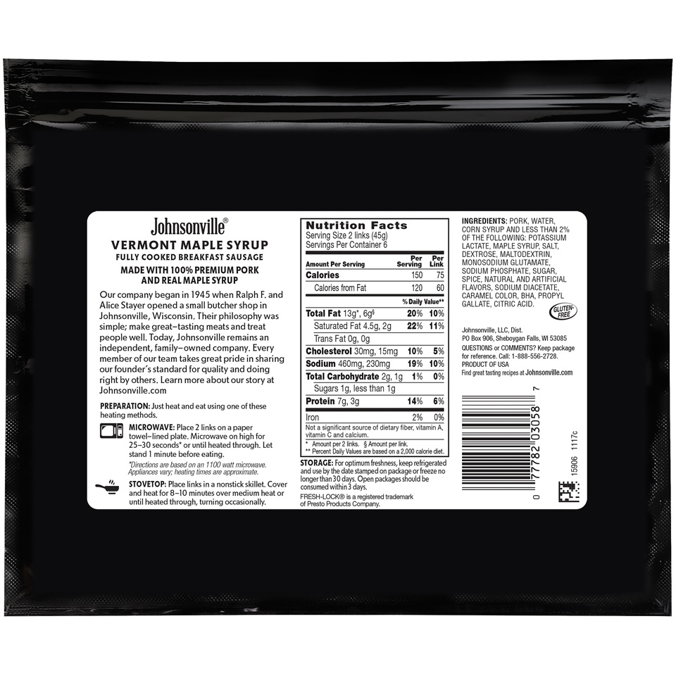 slide 3 of 3, Johnsonville Fully Cooked Vermont Maple Syrup Breakfast Sausage 12 ea, 12 ct