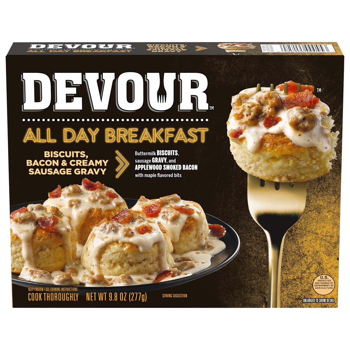 slide 1 of 5, DEVOUR All Day Breakfast Biscuits, Smoked Bacon & Creamy Sausage Gravy Frozen Meal, 9.8 oz Box, 9.8 oz