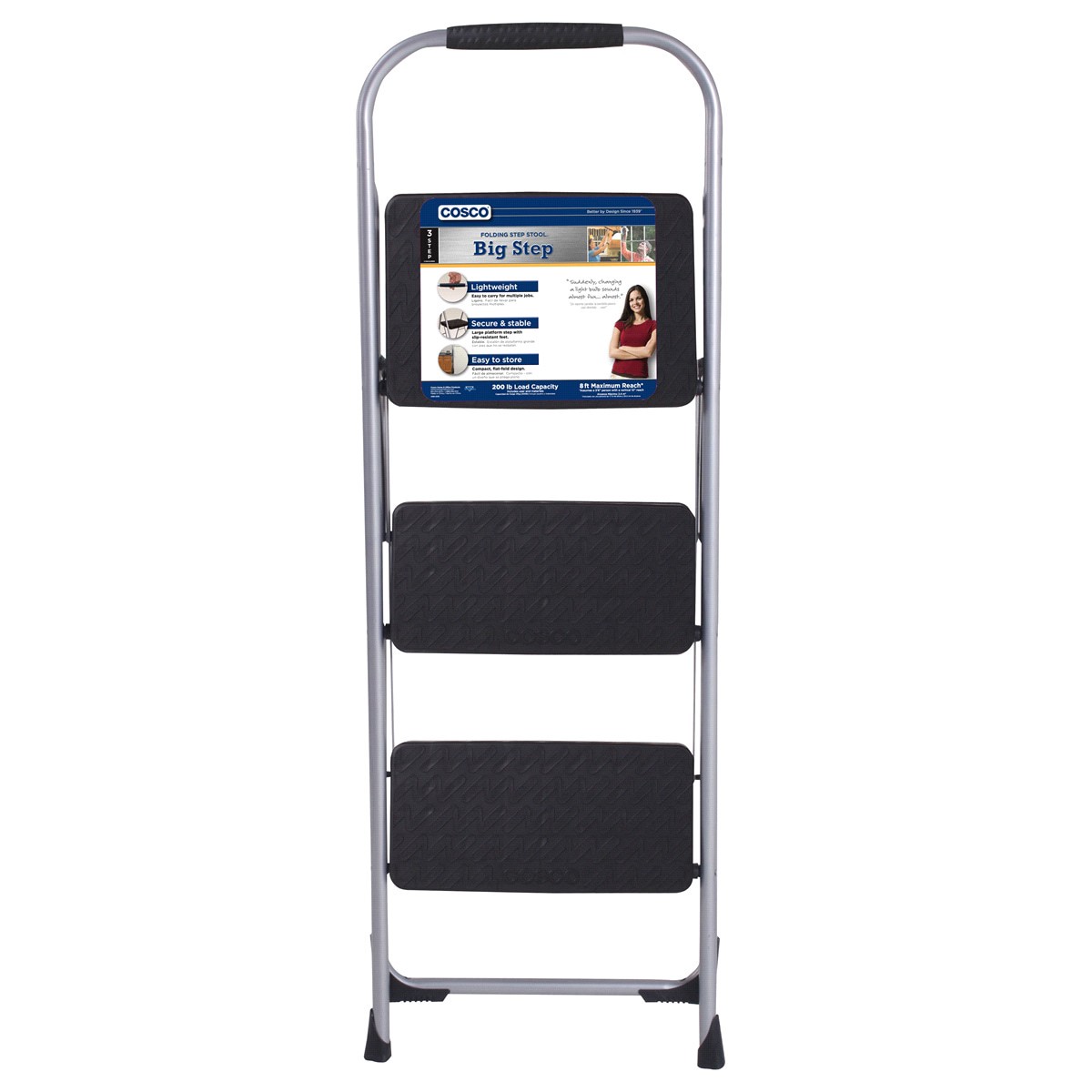 slide 2 of 2, Cosco 3-Step Big Step Folding Step Stool With Rubber Hand Grip - Platinum/Black, 17.7 in x 45.59 in x 27.95 in