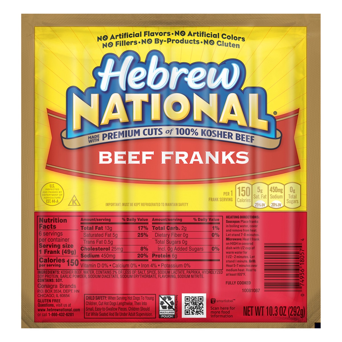 slide 2 of 6, Hebrew National Beef Franks 10.3 oz, 6 ct