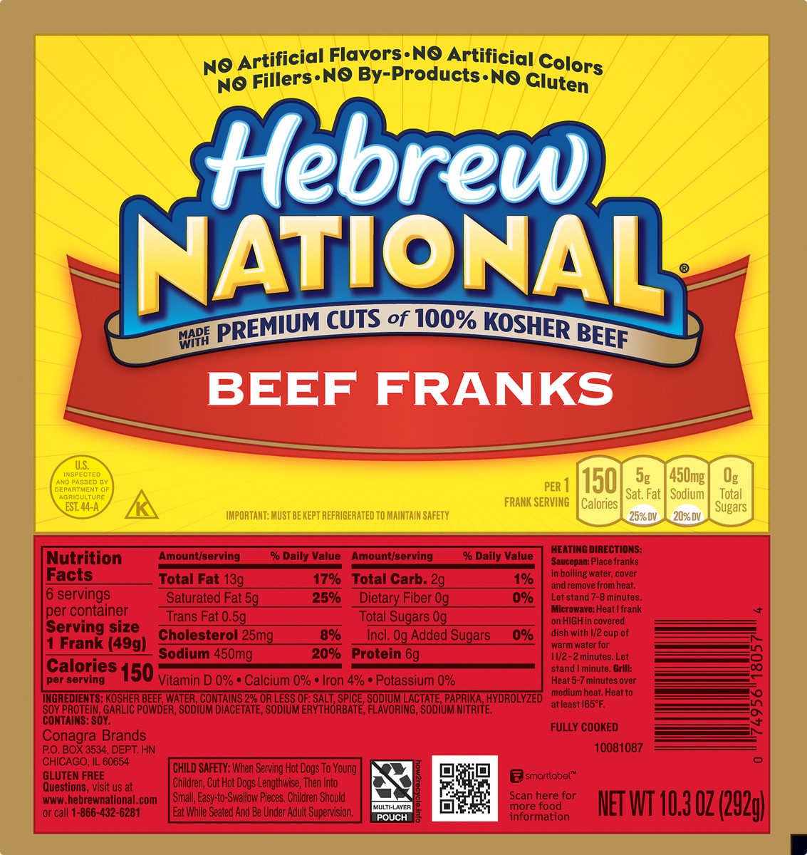 slide 3 of 6, Hebrew National Beef Franks 10.3 oz, 6 ct