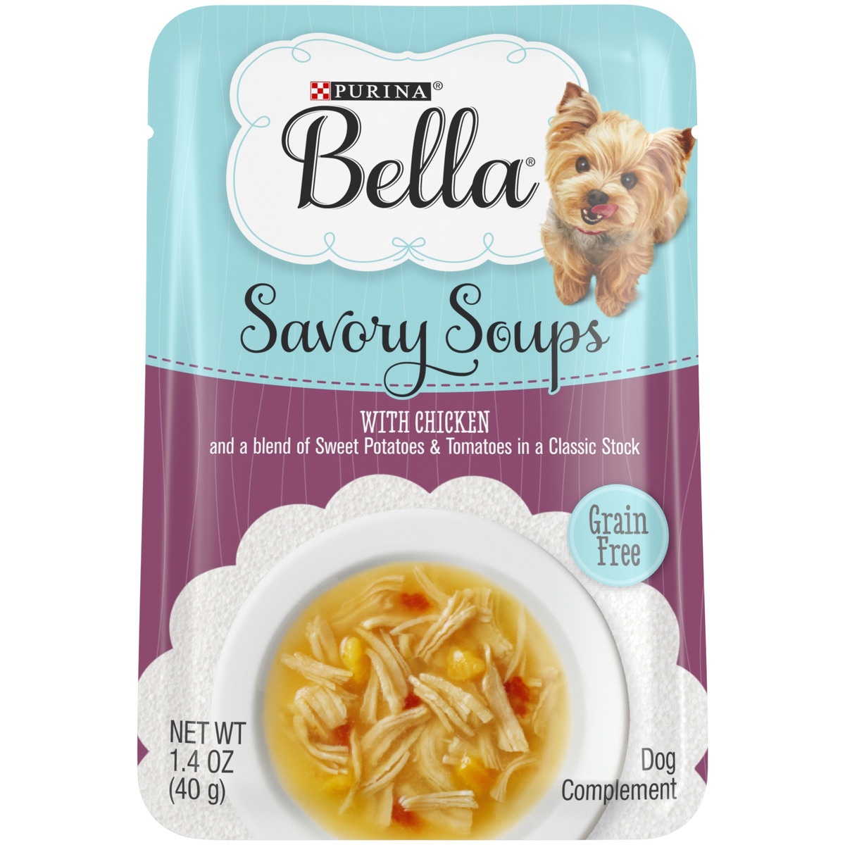 slide 1 of 1, Purina Bella Savory Soups With Chicken and a Blend of Sweet Potatoes & Tomatoes in a Classic Stock Wet Dog Food Complement - 1.4 oz. Pouch, 1.4 oz