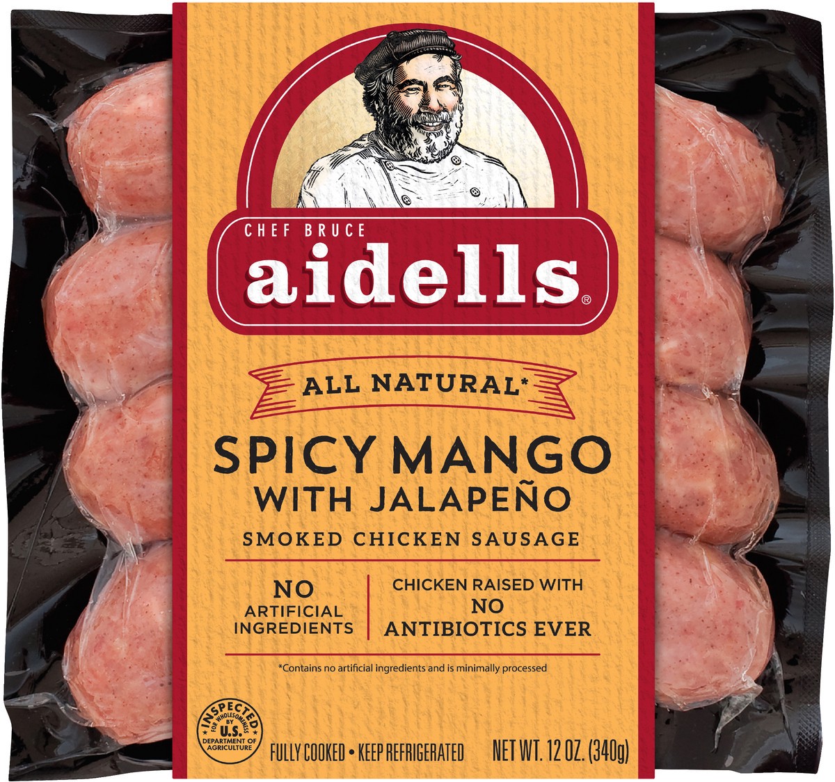 slide 4 of 5, Aidells Smoked Chicken Sausage, Spicy Mango with Jalapeño, 12 oz. (4 Fully Cooked Links), 340.19 g