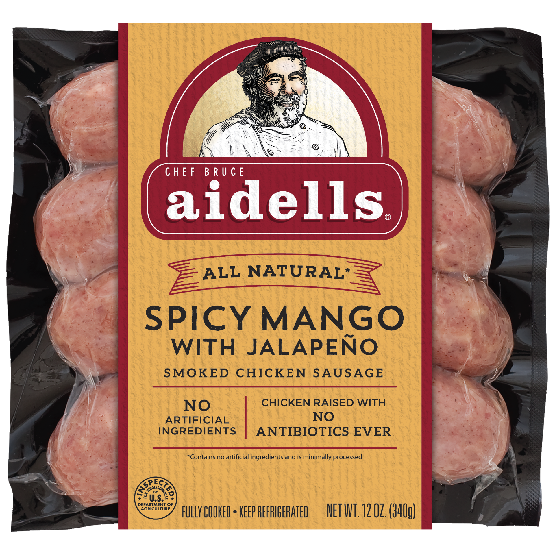slide 1 of 5, Aidells Smoked Chicken Sausage, Spicy Mango with Jalapeño, 12 oz. (4 Fully Cooked Links), 340.19 g