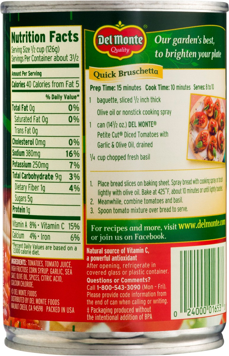 slide 2 of 9, Del Monte Petite Cut with Garlic & Olive Oil Diced Tomatoes 14.5 oz, 14.5 oz