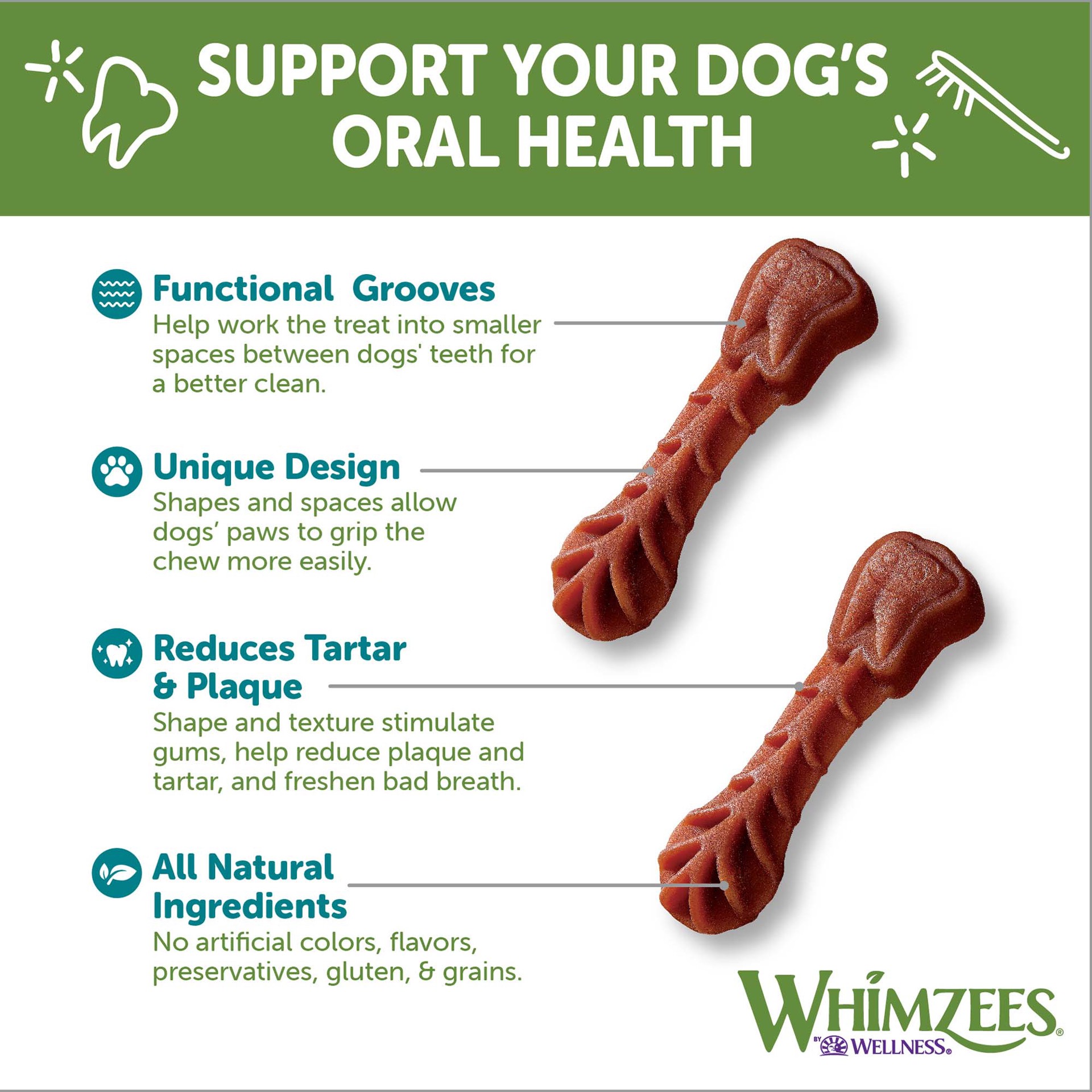slide 4 of 5, WHIMZEES Wellness Brushzees Dog Dental Treats, Natural Chews, Extra Small Size Stick, (48 Count), 1 ct