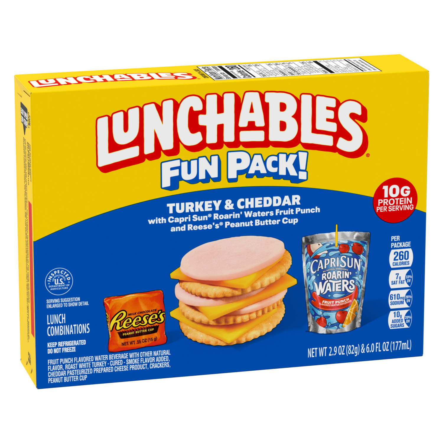 slide 2 of 8, Lunchables Turkey and Cheddar Cracker Stackers with Reese's Peanut Butter Cup and Capri Sun Pacific Cooler Fun Pack, 8.9 oz Box, 1 ct