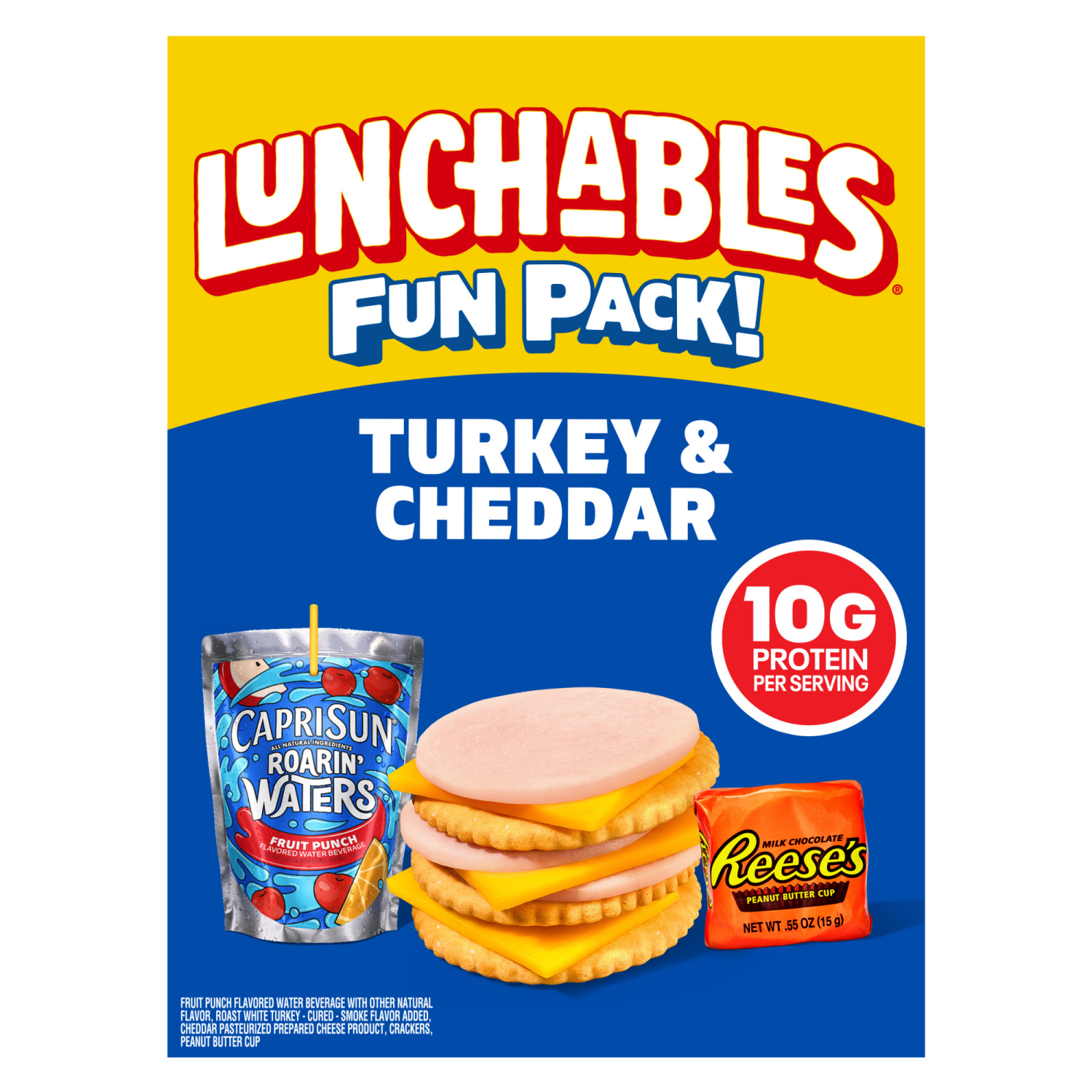 slide 1 of 8, Lunchables Turkey and Cheddar Cracker Stackers with Reese's Peanut Butter Cup and Capri Sun Pacific Cooler Fun Pack, 8.9 oz Box, 1 ct