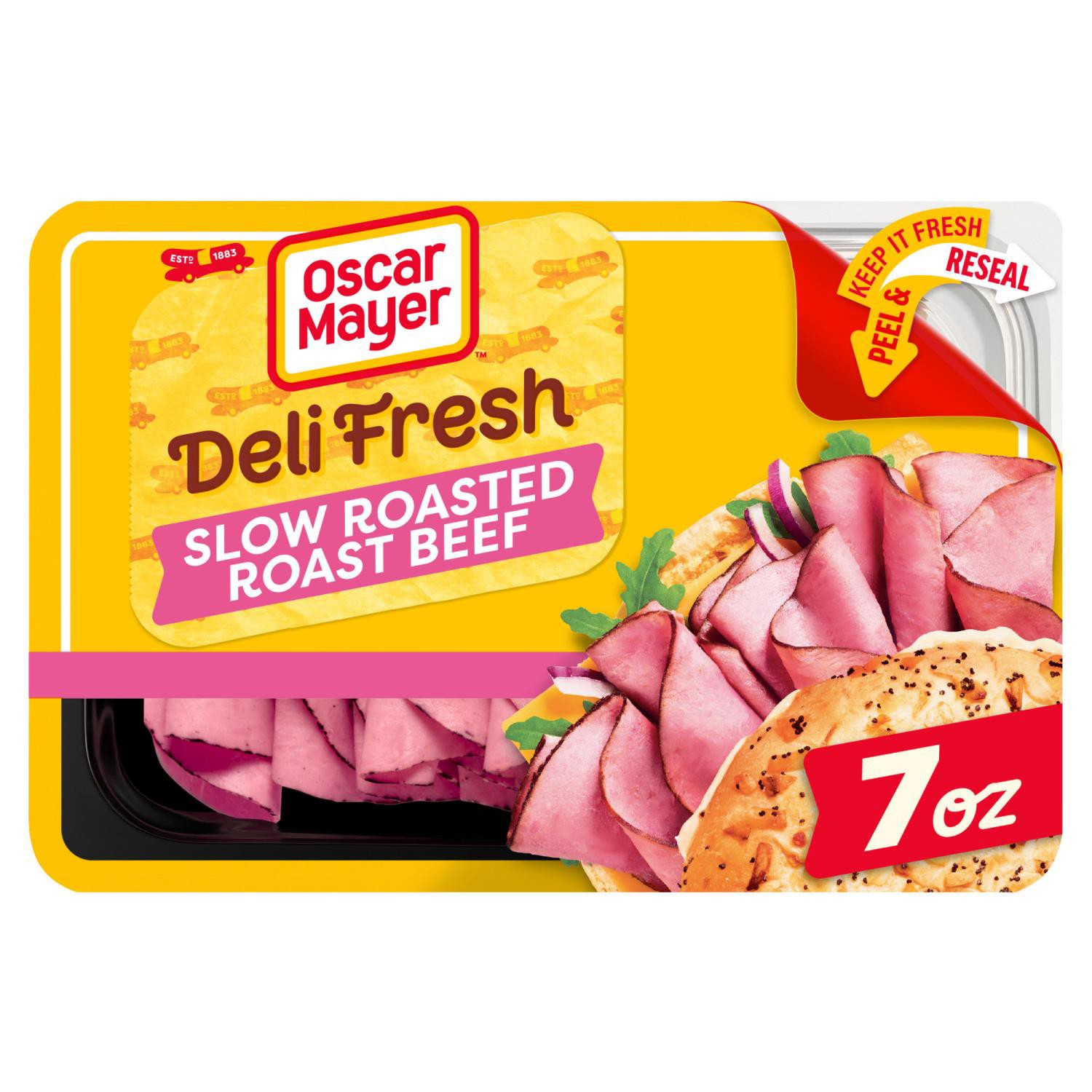 slide 1 of 8, One 7 Oz Tray Of Oscar Mayer Deli Fresh Slow Roasted Roast Beef , Contains Up To 20% Of A Flavoring Solution, Browned With Caramel Color, Sliced Lunch Meat, 7 oz