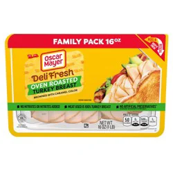 One 16 Oz Family Size Pack Of Oscar Mayer Deli Fresh Oven Roasted Turkey Breast // Meat Used Is 100% Turkey Breast // Peel & Reseal Packaging - Our Fully Resealable Lid Ensures Maximum Freshness // Our Turkey Deli Meat Slices Are Gluten-Free