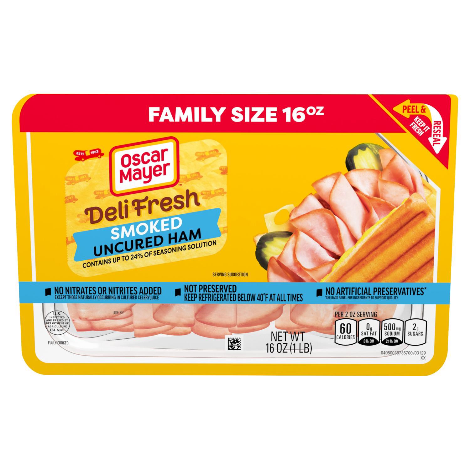 slide 1 of 8, 16 Oz Pack: One 16 Oz Family Size Pack Of Oscar Mayer Deli Fresh Smoked Uncured Ham // Oscar Mayer Ham: Made With 100% Ham // Stays Better Longer: Peel & Reseal Packaging - Our Fully Resealable Lid Ensures Maximum Freshness, 16 oz