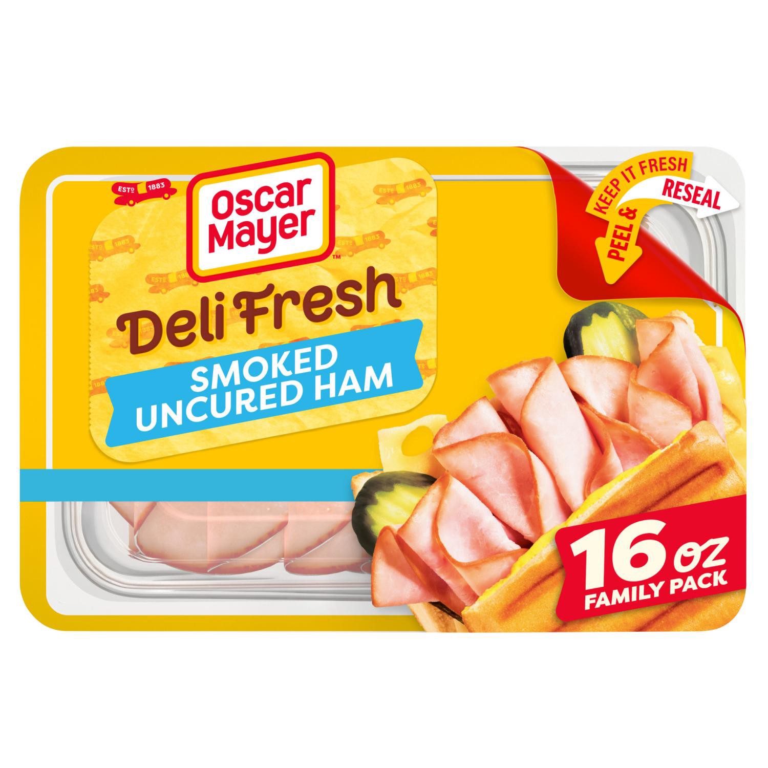 slide 1 of 8, 16 Oz Pack: One 16 Oz Family Size Pack Of Oscar Mayer Deli Fresh Smoked Uncured Ham // Oscar Mayer Ham: Made With 100% Ham // Stays Better Longer: Peel & Reseal Packaging - Our Fully Resealable Lid Ensures Maximum Freshness, 16 oz