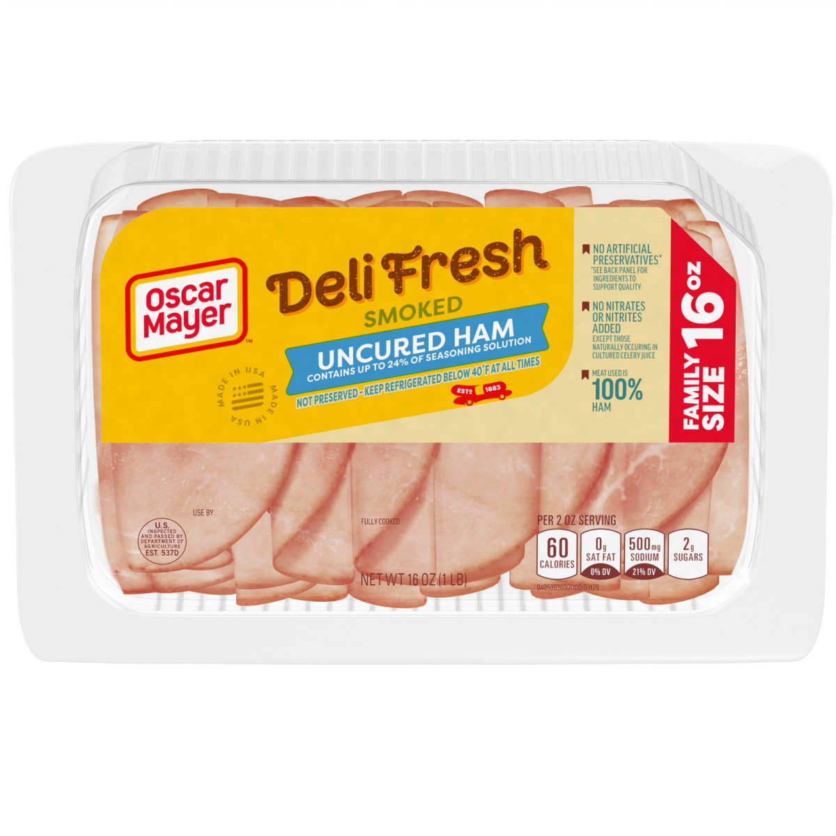 slide 1 of 29, Oscar Mayer Deli Fresh Smoked Uncured Sliced Ham Deli Lunch Meat Family Size, 16 oz Package, 16 oz