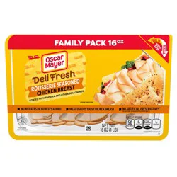 One 16 Oz Family Size Pack Of Oscar Mayer Deli Fresh Rotisserie Seasoned Chicken Breast // Meat Used Is 100% Chicken Breast, Coated With Paprika And Other Seasonings // Peel & Reseal Packaging - Our Fully Resealable Lid Ensures Maximum Freshness // Our Chicken Breast Deli Meat Slices Are Gluten-Free