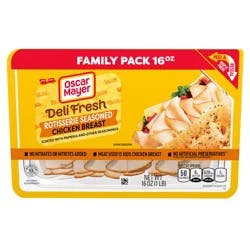 One 16 Oz Family Size Pack Of Oscar Mayer Deli Fresh Rotisserie Seasoned Chicken Breast // Meat Used Is 100% Chicken Breast, Coated With Paprika And Other Seasonings // Peel & Reseal Packaging - Our Fully Resealable Lid Ensures Maximum Freshness // Our Chicken Breast Deli Meat Slices Are Gluten-Free