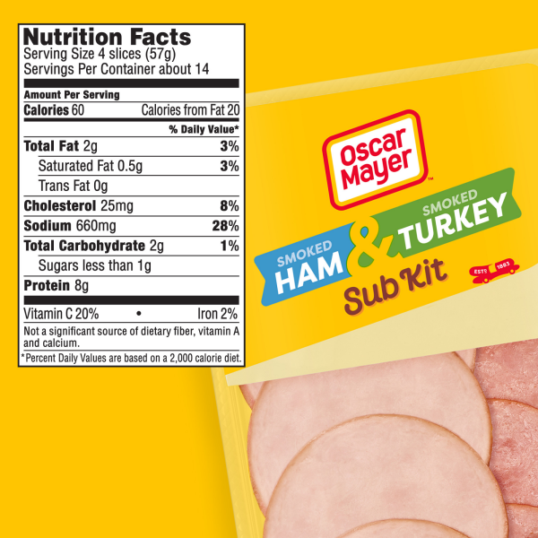 slide 20 of 29, Oscar Mayer Sub Kit with Extra Lean Smoked Ham & Water Product & Extra Lean Smoked Turkey Breast Sliced Deli Sandwich Lunch Meat 28 oz Pack, 28 oz