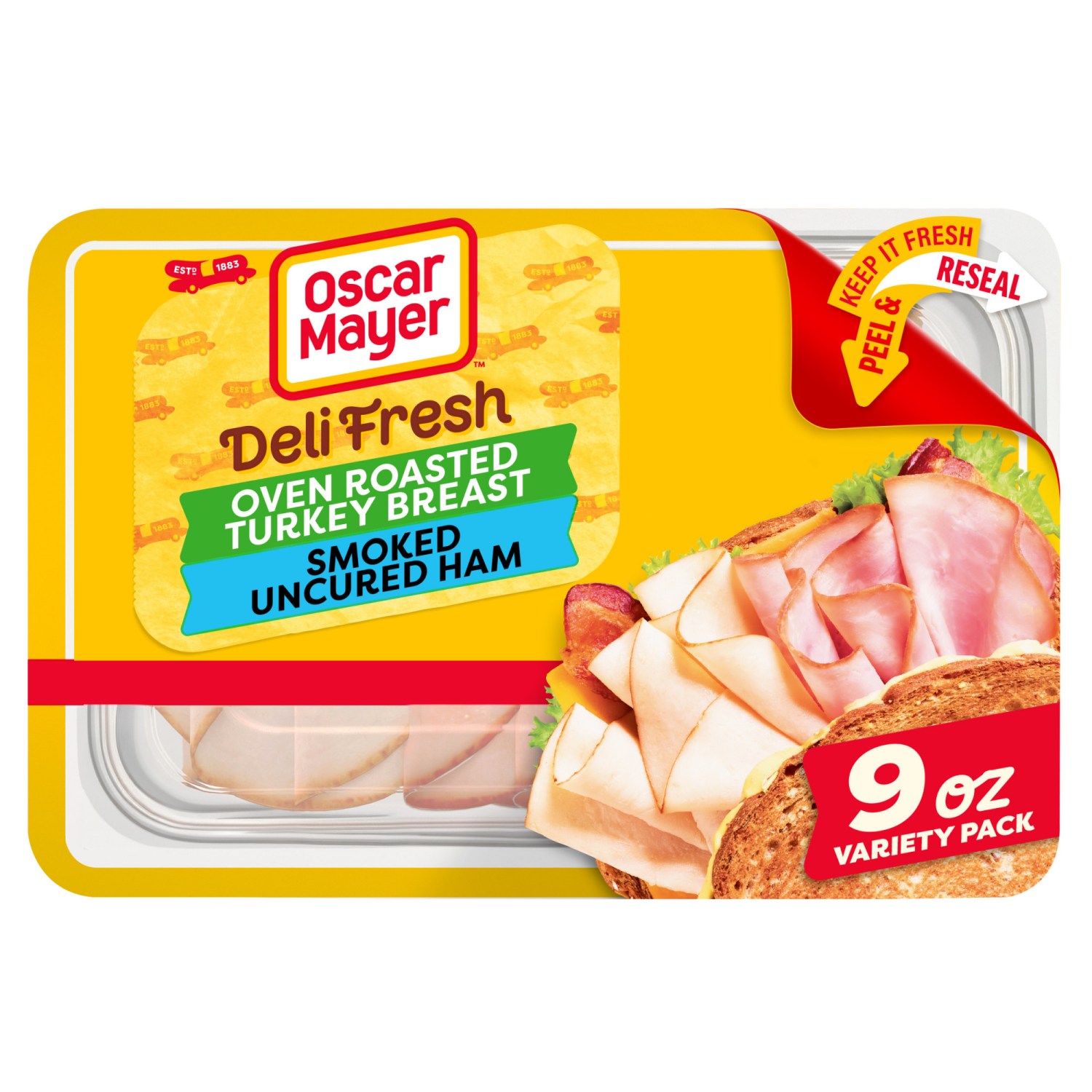 slide 1 of 8, Oscar Mayer Deli Fresh Oven Roasted Turkey Breast & Smoked Uncured Ham Sliced Lunch Meat Variety Pack, 9 oz. Tray, 9 oz
