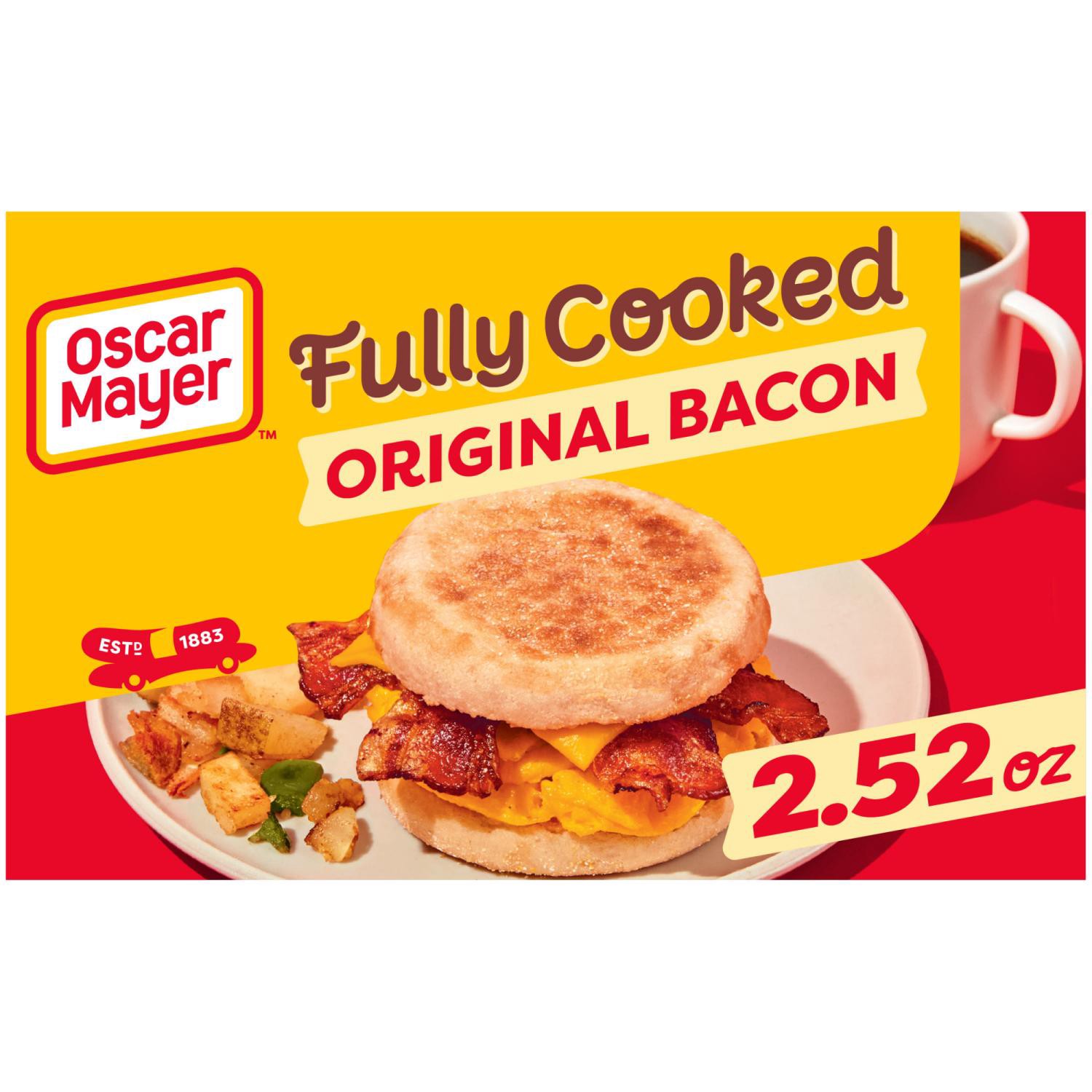 slide 1 of 8, Oscar Mayer Original Fully Cooked Bacon, 2.52 Oz Box, 9-11 Slices, 2.52 oz