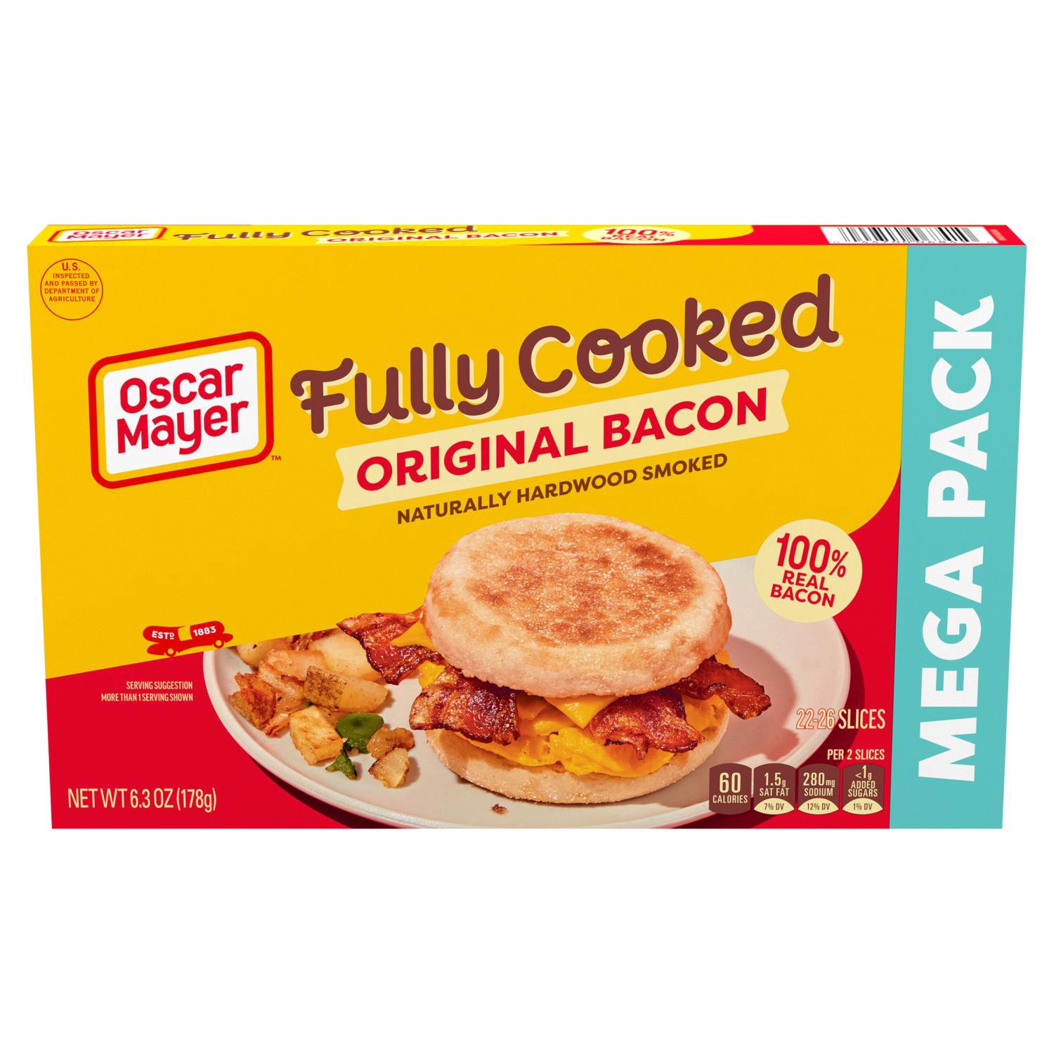 slide 1 of 8, Oscar Mayer Original Fully Cooked Bacon Mega Pack, 6.3 Oz Box, 23-25 Slices, 6.3 oz