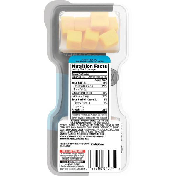 slide 4 of 29, Oscar Mayer P3 Portable Protein Snack Pack with Ham, Almonds & Cheddar Cheese, for School Lunch or Easy Snack Tray, 2 oz
