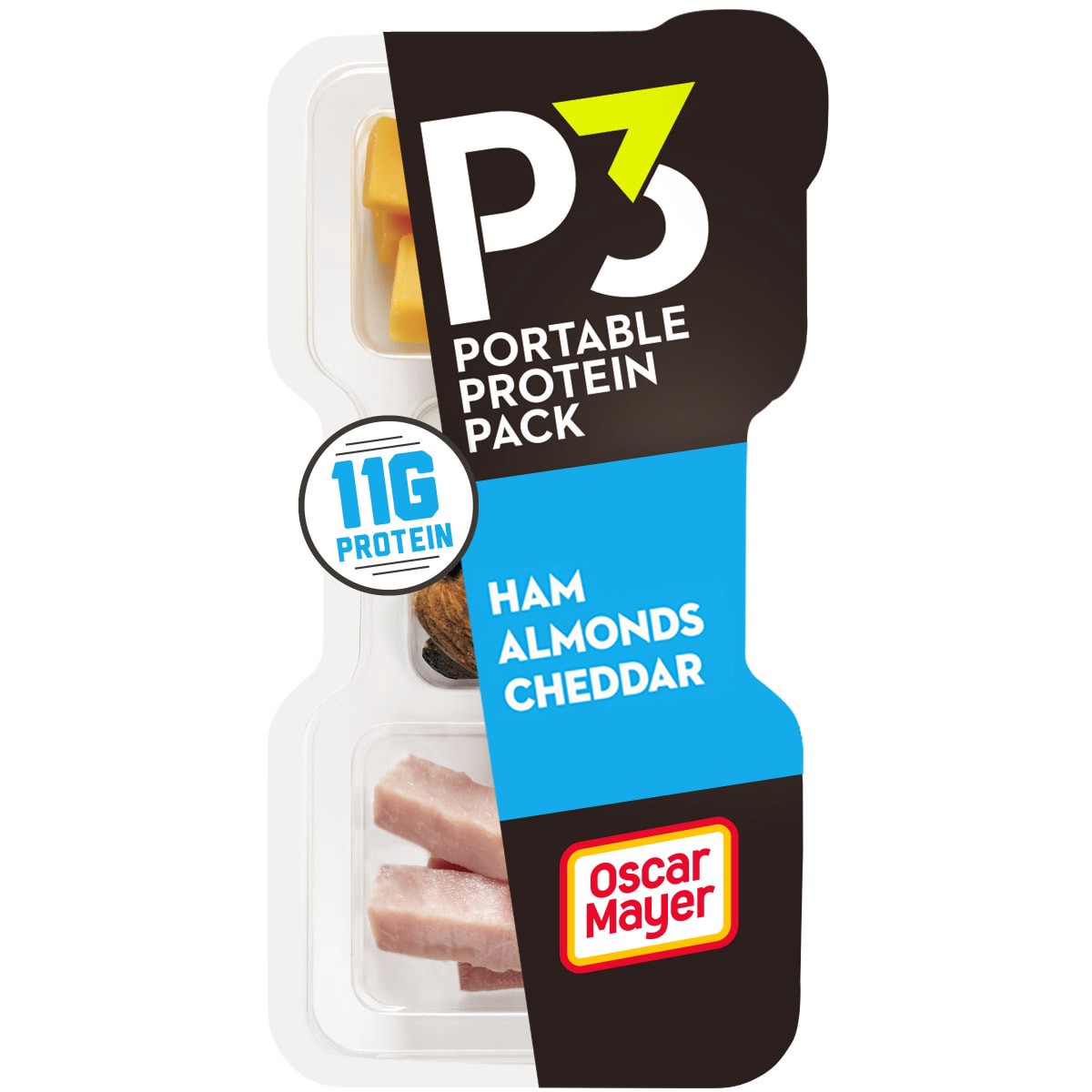 slide 1 of 29, Oscar Mayer P3 Portable Protein Snack Pack with Ham, Almonds & Cheddar Cheese, for School Lunch or Easy Snack Tray, 2 oz