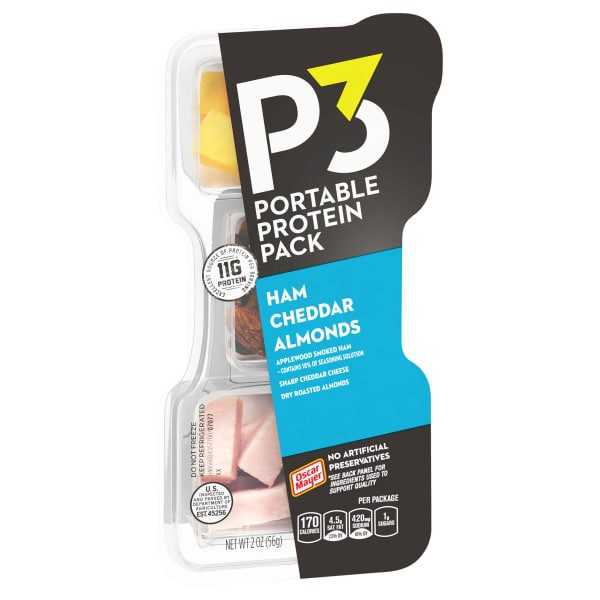 slide 8 of 29, Oscar Mayer P3 Portable Protein Snack Pack with Ham, Almonds & Cheddar Cheese, for School Lunch or Easy Snack Tray, 2 oz