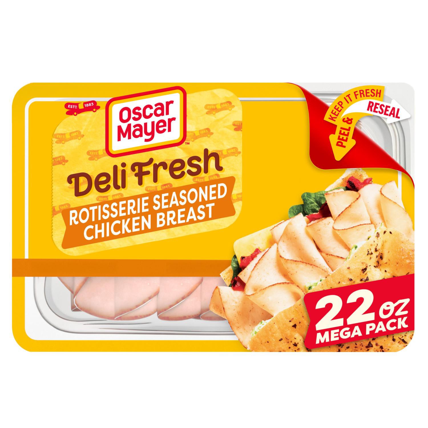 slide 1 of 8, 22 Oz Pack: One 22 Oz Mega Pack Of Oscar Mayer Deli Fresh Rotisserie Seasoned Chicken Breast // Oscar Mayer Chicken: Made With 100% Chicken Breast, Coated With Paprika And Other Seasonings // Stays Better Longer: Peel & Reseal Packaging - Our Fully Resealable Lid Ensures Maximum Freshness, 22 oz
