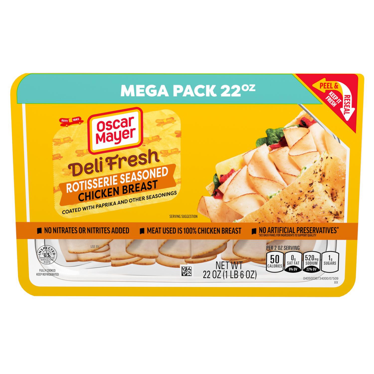 slide 1 of 8, 22 Oz Pack: One 22 Oz Mega Pack Of Oscar Mayer Deli Fresh Rotisserie Seasoned Chicken Breast // Oscar Mayer Chicken: Made With 100% Chicken Breast, Coated With Paprika And Other Seasonings // Stays Better Longer: Peel & Reseal Packaging - Our Fully Resealable Lid Ensures Maximum Freshness, 22 oz