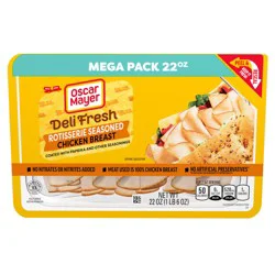 22 Oz Pack: One 22 Oz Mega Pack Of Oscar Mayer Deli Fresh Rotisserie Seasoned Chicken Breast // Oscar Mayer Chicken: Made With 100% Chicken Breast, Coated With Paprika And Other Seasonings // Stays Better Longer: Peel & Reseal Packaging - Our Fully Resealable Lid Ensures Maximum Freshness
