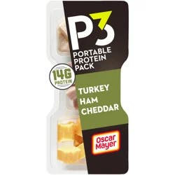 P3 Portable Protein Snack Pack with Turkey, Ham & Cheddar Cheese, 2.3 oz Tray