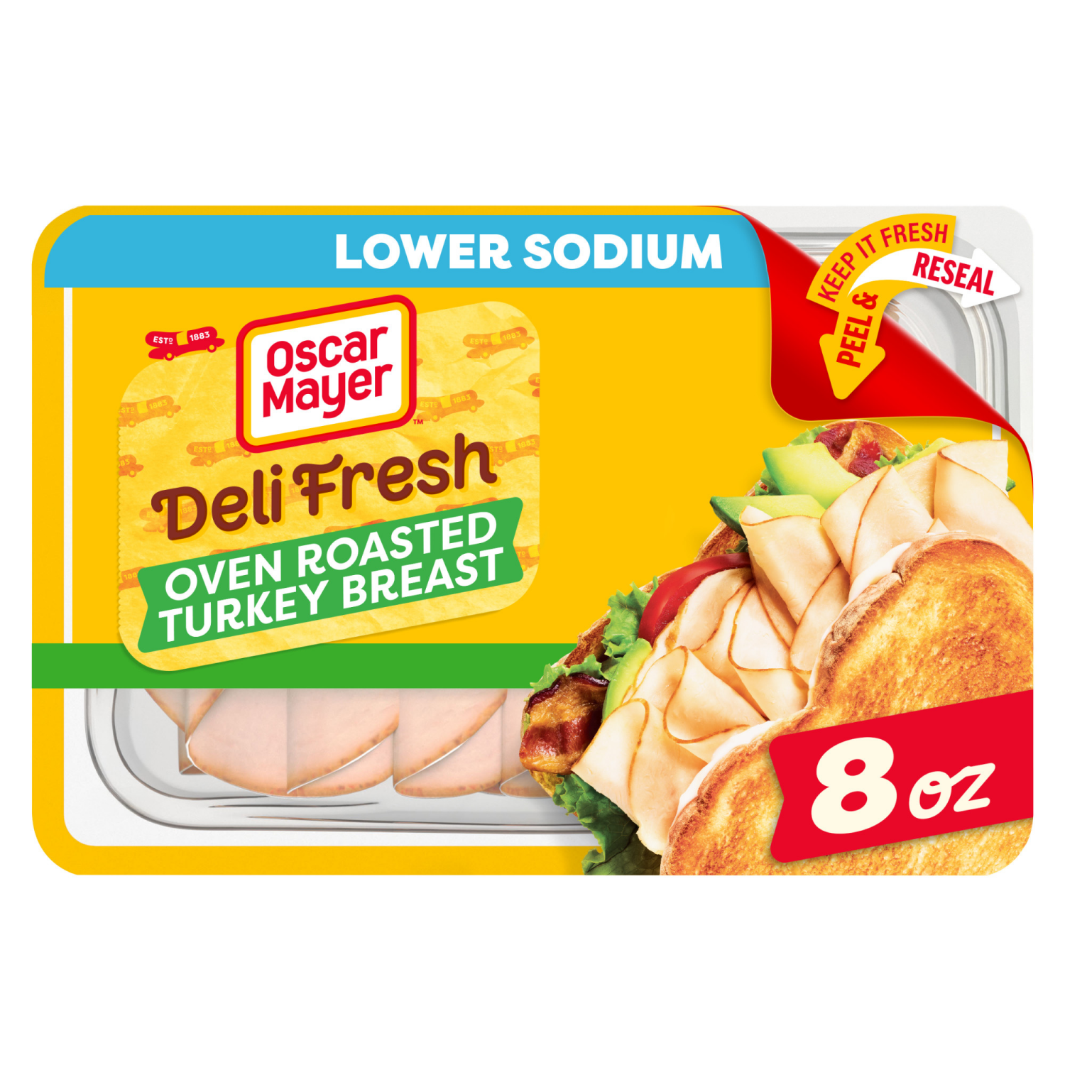 slide 1 of 8, Oscar Mayer Deli Fresh Oven Roasted Sliced Turkey Breast Deli Lunch Meat with 32% Lower Sodium, 8 oz Package, 8 oz