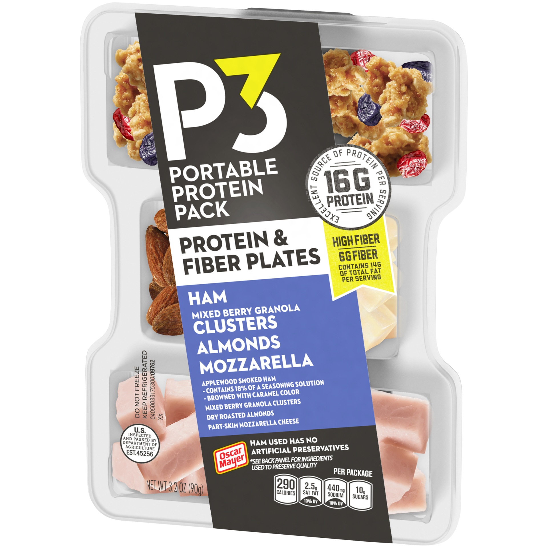 slide 3 of 6, P3 Portable Protein Snack Pack & Fiber Plate with Ham, Mixed Berry Granola Clusters, Almonds & Mozzarella Cheese Tray, 3.2 oz