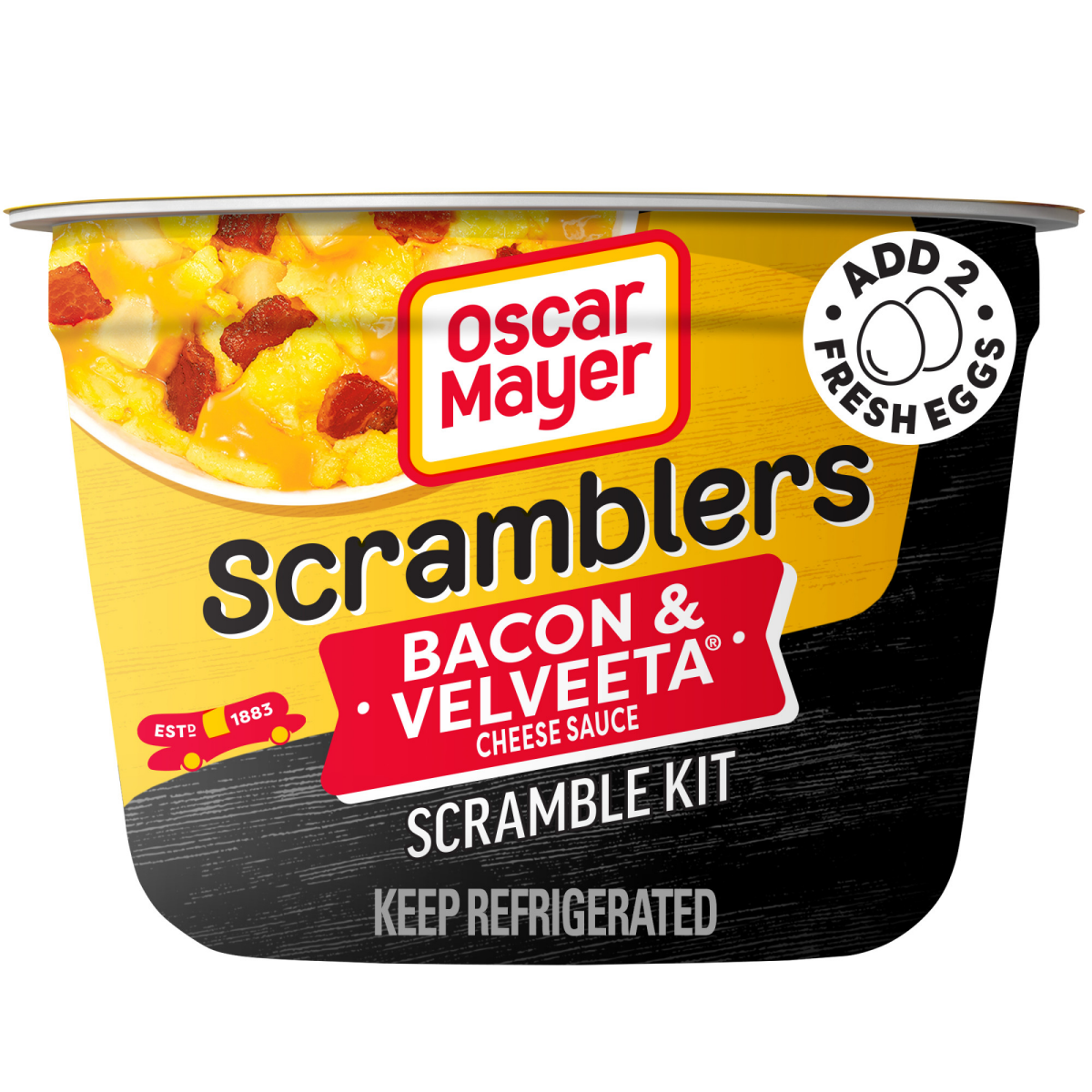 slide 1 of 8, Oscar Mayer Scramblers Bacon & Velveeta Cheese Sauce Scramble Kit, 3 oz Cup, 3 oz