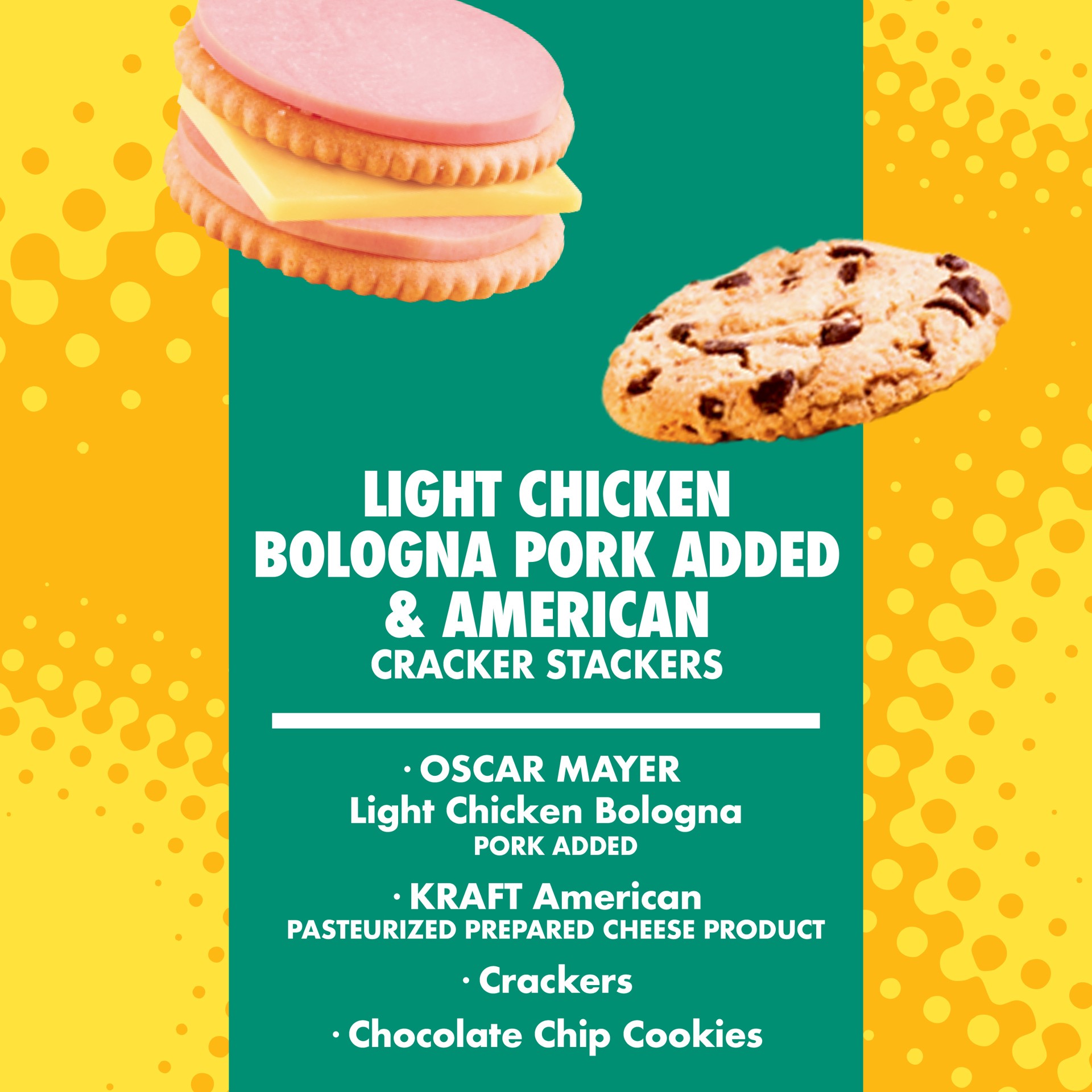 slide 2 of 13, Lunchables Light Bologna & American Cracker Stackers with Chocolate Chip Cookies Tray, 3.1 oz