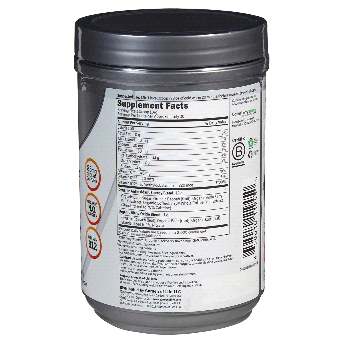 slide 2 of 2, Garden of Life Pre Workout Energy + Focus Blackberry Organic, 15.3 oz