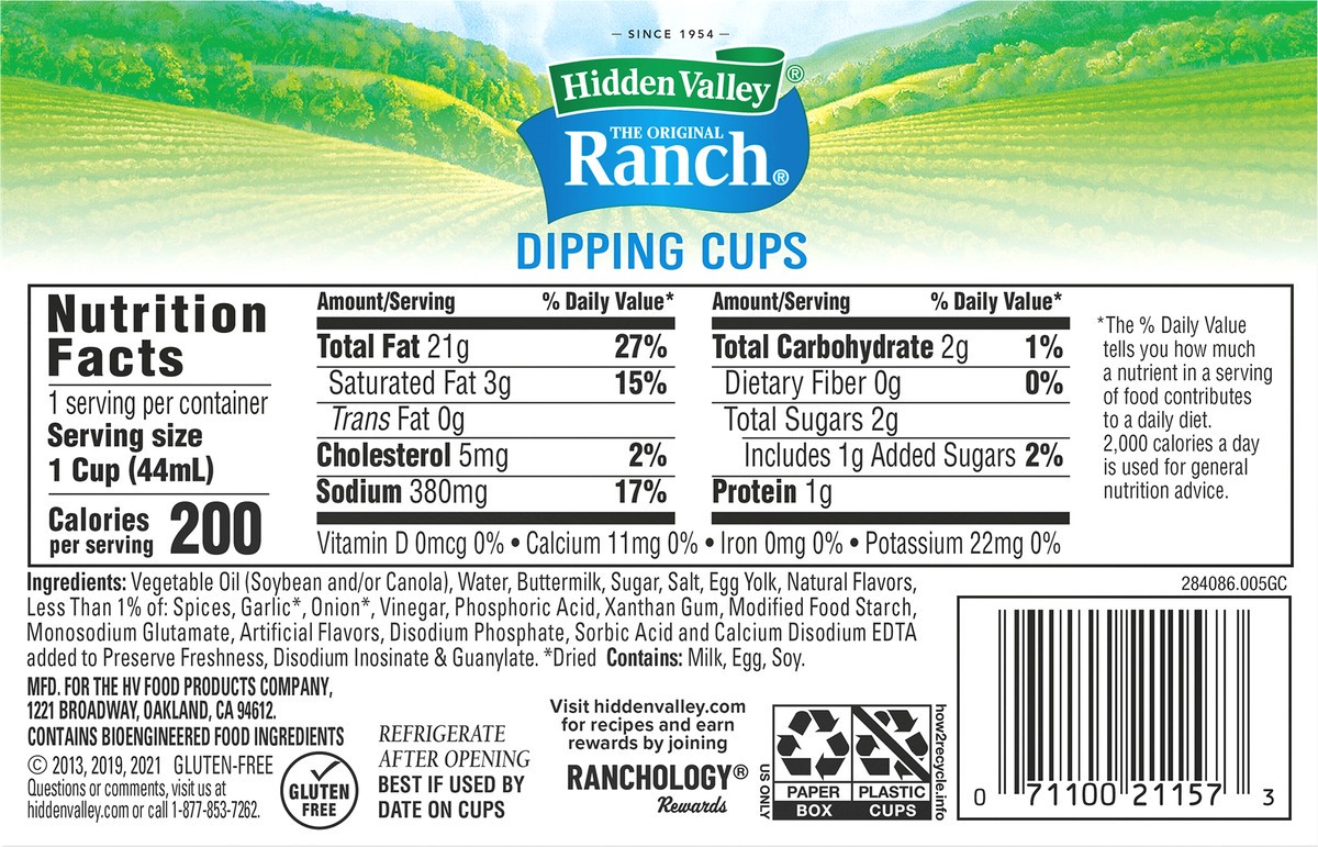 slide 7 of 7, Hidden Valley Original Ranch Dipping Cups, Topping and Dressing To Go Cups, 1.5 Ounces Each, 8 Count, 12 fl oz