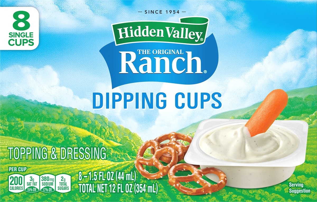 slide 4 of 7, Hidden Valley Original Ranch Dipping Cups, Topping and Dressing To Go Cups, 1.5 Ounces Each, 8 Count, 12 fl oz