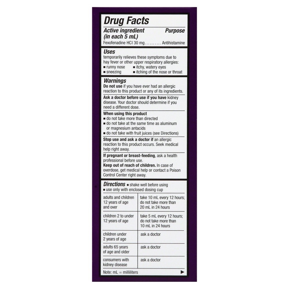 slide 2 of 2, Allegra Children's 12 Hour Allergy Relief Oral Suspension Berry Flavor Liquid - Fexofenadine Hydrochloride, 4 fl oz