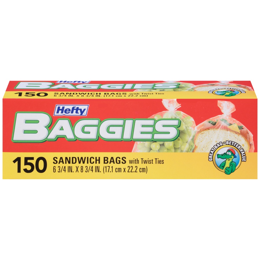 slide 1 of 1, Hefty Baggies Sandwich & Storage Bags With Twist Ties, 150 ct