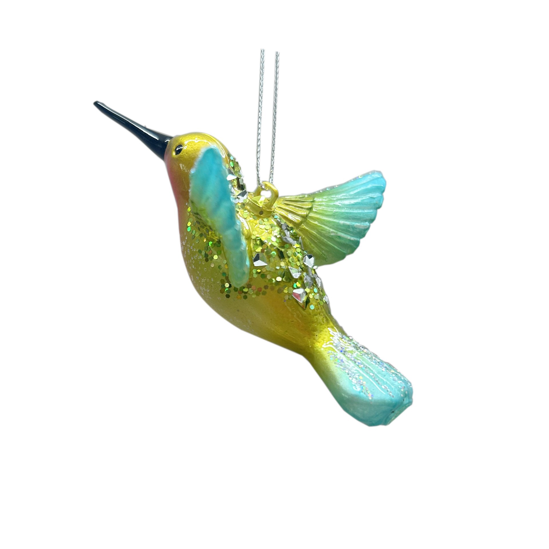 slide 2 of 2, 5.25" Blue & Yellow Hummingbird Glass Ornament By Ashland, 5.25 in x 2.75 in x 3.25 in