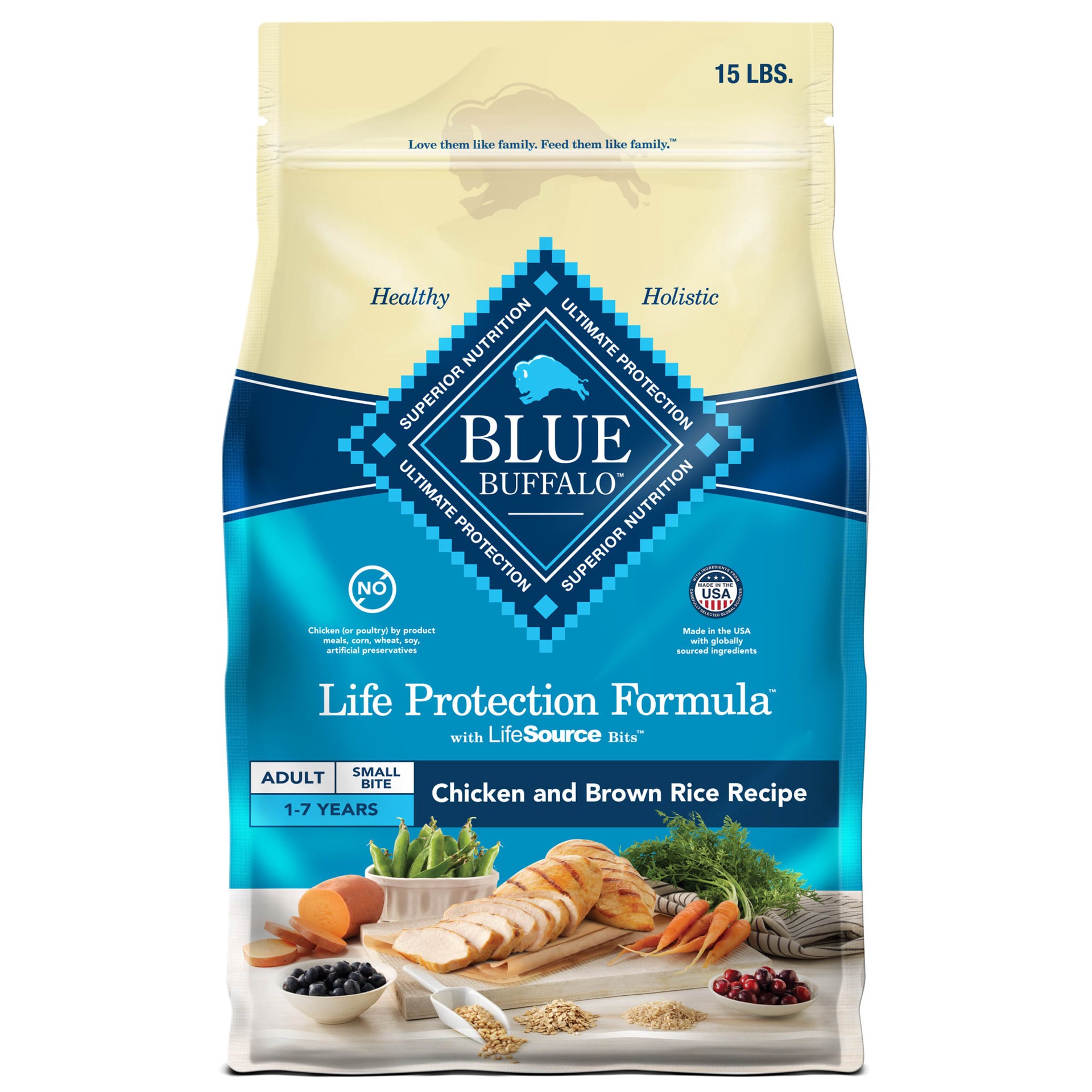 slide 1 of 8, Blue Buffalo Life Protection Formula Natural Adult Small Bite Dry Dog Food, Chicken and Brown Rice 15-lb, 15 lb